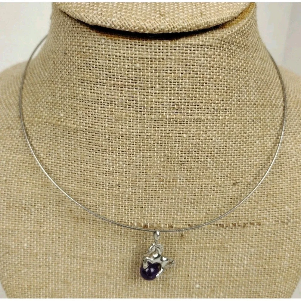 925 Sterling Silver Dyed Purple Agate Rearing Horse CHILD'S Choker Necklace